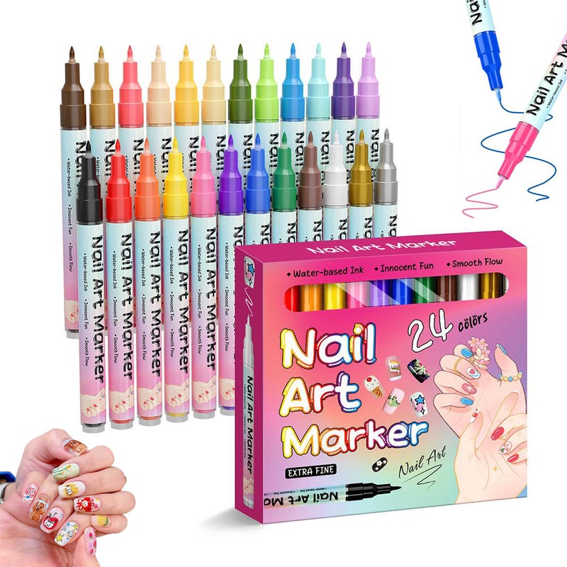 24 Colors Nail Art Pens Set with 3D Quick Dry 0.5mm Fine Tip, Waterproof Nail Art Pens for Painting Nails, Nails Art Markers Polish Pen,Artistic Decorations for Professional Manicure - Image 1